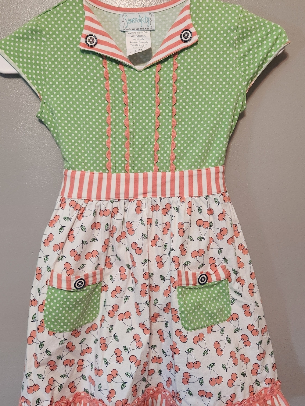Serendipity Girls' Green & Coral Cherry Print Dress 8